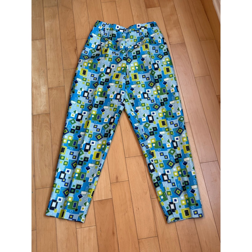 Vintage Geometric Square Print Pants Womens 10 Blue Multi Straight Leg Retro